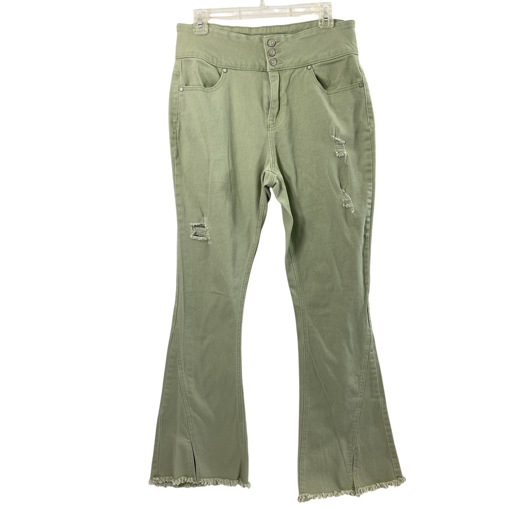 C. Denim Jeans Women 10 Super Hi-Rise‎ Flare Distressed Green Denim Raw Hem Boho